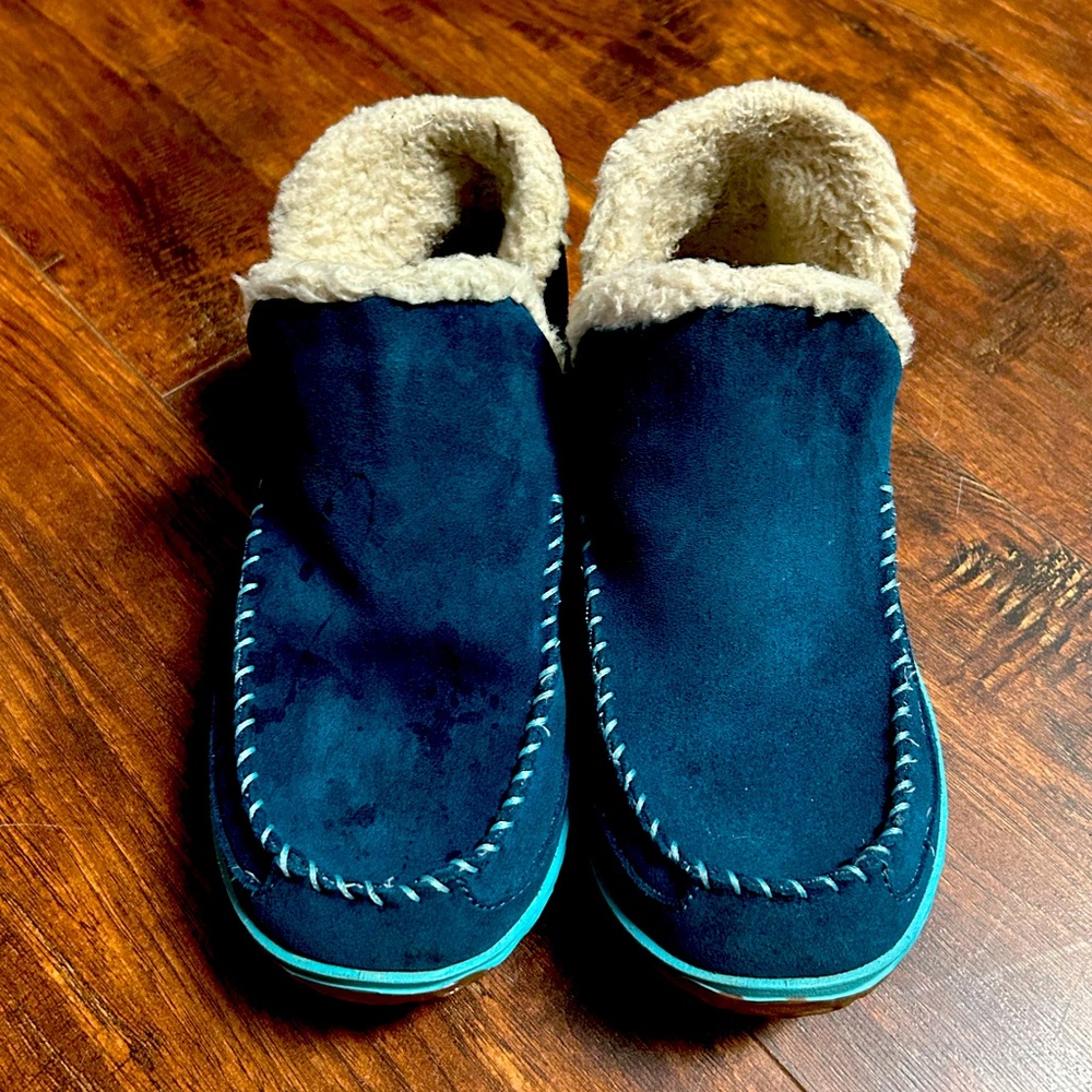 LL Bean sz 8 Cozy Blue Suede Slippers with Cream Lining